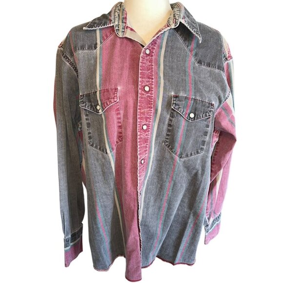 Vintage 1990s Wrangler Brushpopper Pearl Snap Distressed Shirt Size XL - Picture 1 of 7
